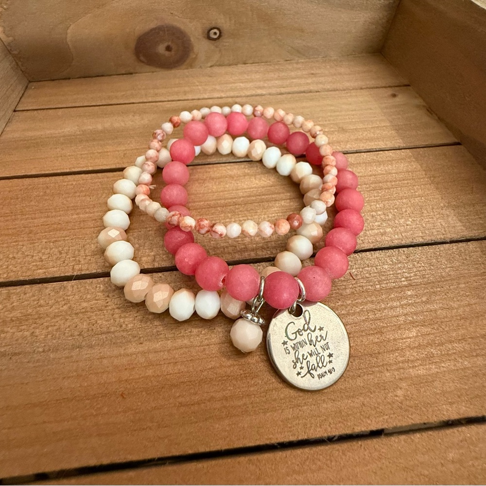 Pink and White Beaded Bracelet Set of 3 bracelets with Charms